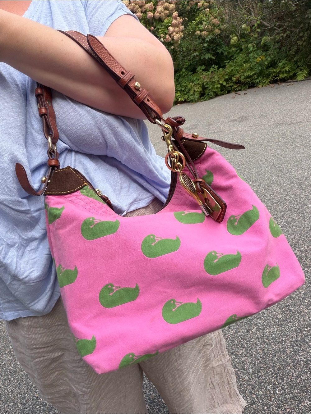 Y2K Dooney & Bourke Preppy Barbie Pink Hobo Shoulder Bag w Ducks & Charm